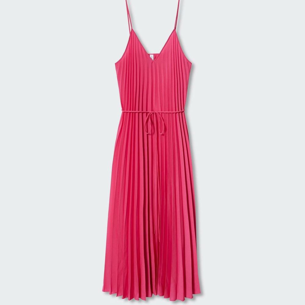 Mango Elegant Pink Pleated Belted Dress
